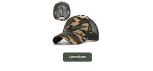Detail view of camouflage baseball cap with breathable mesh and ponytail hole back