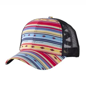 Detail view of ethnic stripe print baseball cap with breathable mesh back panels