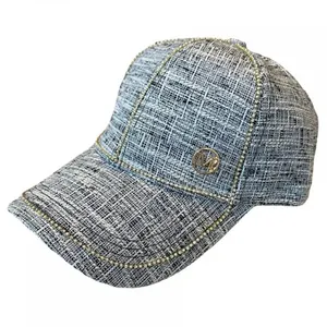 Grey tweed baseball cap for women with gold M logo and decorative beaded chain accents