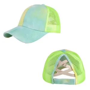 Tie-Dye-Pferdeschwanz-Baseballkappe mit Mesh-Rückseite und Kreuzdesign für Damen