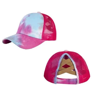 Damen Tie-Dye Pferdeschwanz Baseballkappe Messy Bun Trucker Hat Gekreuztes Band Verstellbare Atmungsaktive Mesh Outdoor Kappe
