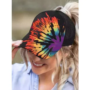 Women's tie-dye ponytail mesh baseball cap with vibrant prints for outdoor sports