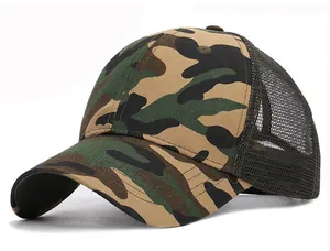 Detail view of the breathable mesh back and camouflage pattern on the trucker cap