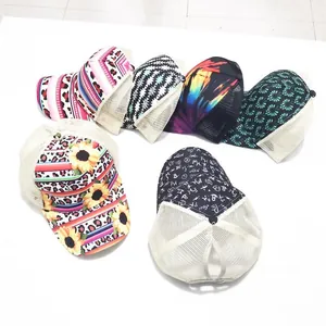 Variety set of tie-dye and leopard print ponytail mesh trucker hats for women