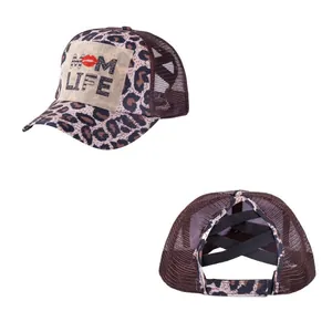 Detail of leopard print ponytail hat with breathable mesh and Mom Life patch