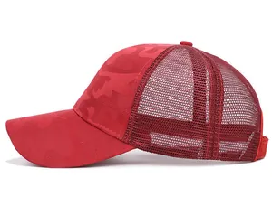 Detailed side view of red camouflage mesh baseball cap with breathable trucker hat design