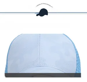 Close-up of light blue camouflage baseball cap featuring breathable mesh and detailed stitching