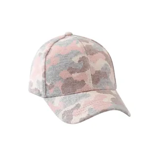 Winter camouflage knit baseball cap with pink and grey pattern for cold weather