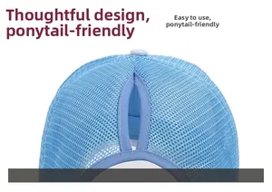 Detail view of the light blue mesh ponytail baseball cap with vertical opening design