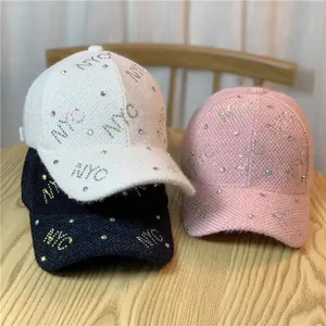 Women's Winter Warm Chenille Baseball Cap Fashion Rhinestone NYC Letter Adjustable Curved Brim Shading Sporty Hat
