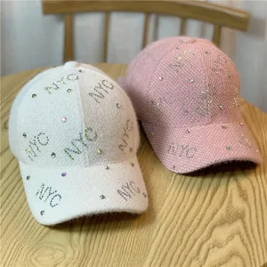 Women's warm autumn winter plush baseball caps with NYC rhinestone logo in white and pink