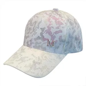 Fashionable mesh baseball cap with rhinestone M logo and gradient purple tie-dye pattern