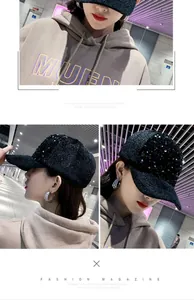 Detail of black sequined mohair baseball cap with sparkling metallic fibers and glitter