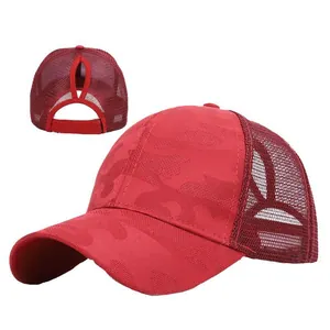 Deep red ponytail baseball cap with camo pattern and breathable mesh back for sports