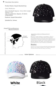 Size guide for sequin mohair baseball cap with adjustable strap and measurement tips