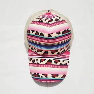 Detail of multi-color leopard print ponytail baseball cap with breathable beige mesh