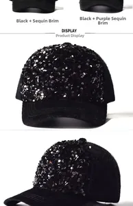 Detail of colorful sequins on a mohair baseball cap with a black fabric brim