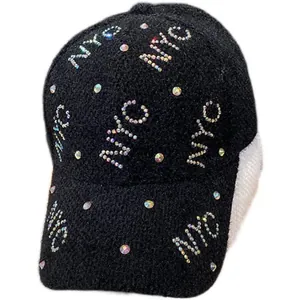 Fashionable black plush winter baseball cap for women with sparkling NYC rhinestone design