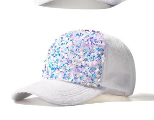 Detail of white mohair baseball cap featuring colorful sequins and plush texture