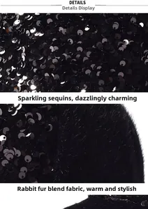 Detail showing shiny black sequins fabric and soft rabbit hair blend texture on cap