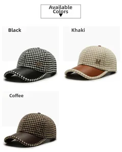 Casquettes pied-de-poule avec visière en cuir en coloris noir, kaki et café