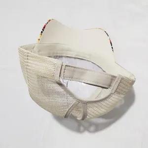 Detail of beige mesh ponytail baseball cap with adjustable hook and loop closure