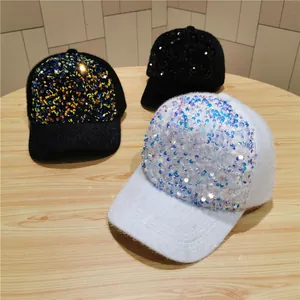 Mohair Rabbit Hair Blend Sequin Baseball Cap Women Men Winter Warm Fluffy Duck Tongue Hat Adjustable Street Fashion Headwear