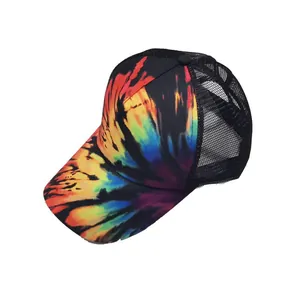 Colorful tie-dye ponytail baseball cap with breathable black mesh back for women
