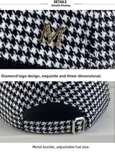 Détails du tissu pied-de-poule, du logo M en strass et de la boucle en métal