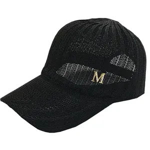Women's black knitted mesh baseball cap with breathable M-logo and sun protection