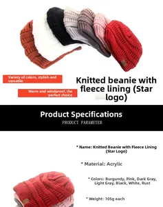 Detail view of colorful knitted beanies with warm fleece lining and star patch design