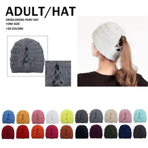 Damen Criss Cross Pferdeschwanz Beanie Messy Bun Strickmütze Winter Warm Outdoor Elastisch Einfarbig Acryl Weiche Mütze