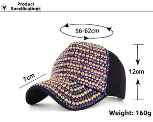Detail of baseball cap showing metallic purple and gold stud rivets on black fabric