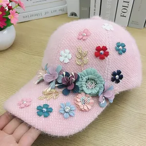 Chic pink plush baseball cap with 3D floral embroidery and gold leaf accents