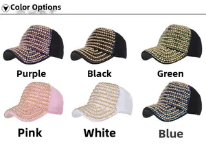 Detail view of stylish baseball caps with colorful rhinestone and pearl embellishments in six colors