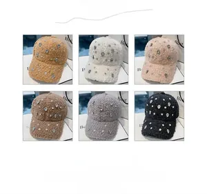 Collage of plush baseball caps in six colors with sparkling rhinestone decorations