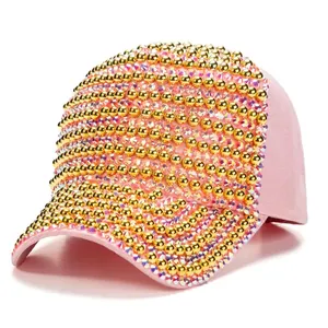 Pink baseball cap for women featuring luxury rhinestones and golden beads decoration