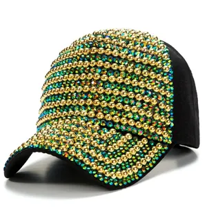 Chic black baseball cap featuring gold studs and iridescent rhinestones for women