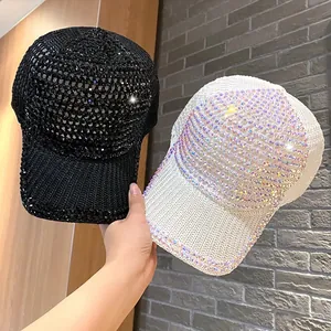 Fashion Women Rhinestone Baseball Cap Knit Hollow Out Adjustable Sun Hat Shining Diamond Snapback Cap Outdoor Casual Bling Hat