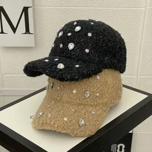 Elegant rhinestone studded baseball caps in black and camel warm wool blend fabric