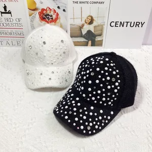 Women Winter Warm Rabbit Fur Plush Baseball Cap With Artificial Pearls Rhinestones Elegant Fashionable Outdoor Adjustable Hat