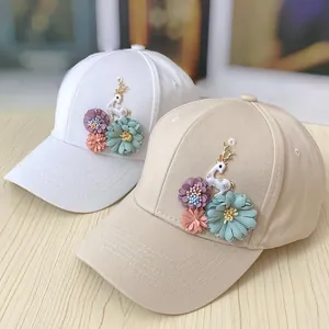 Women baseball cap with 3D deer applique and handmade fabric flowers in beige and white