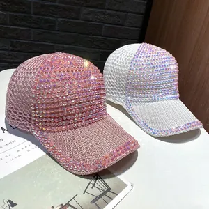 Breathable summer baseball cap for women with glittering rhinestones in pink and white