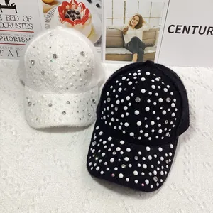Winter faux mink fur baseball cap with rhinestones and white pearls in black and white