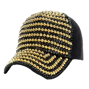 Women's black fashion baseball cap with gold beads and black diamond rhinestones