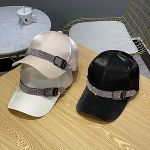 Luxury Satin Baseball Cap For Women With Rhinestone Band Metal Buckle Elegant Adjustable Sun Protection Fashion Travel Hat