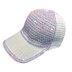 Summer white baseball cap with iridescent rhinestones and breathable mesh paneling
