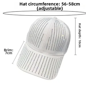 Detailed size specifications for white baseball cap with silver rhinestones and wavy pattern