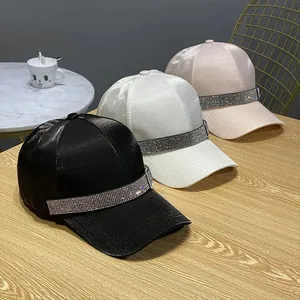 Luxury rhinestone satin baseball caps for women in black, white and pink colors