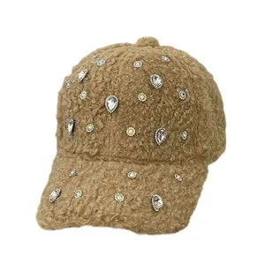 Khaki plush baseball cap for women with elegant crystal rhinestone embellishments